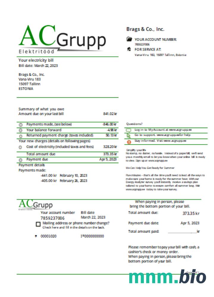 AC Grupp OÜ electricity rachunek za usługi komunalne